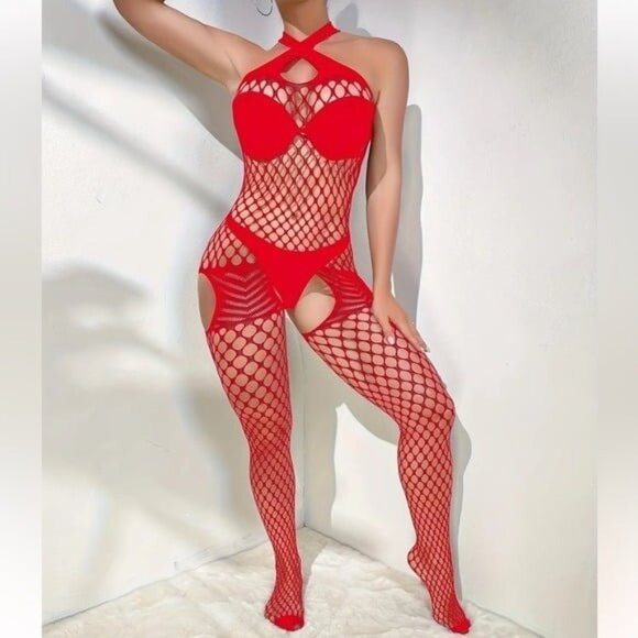 Red Sexy Hollow Out Halter Fishnet Bodysuit Lingerie - Picture 4 of 5